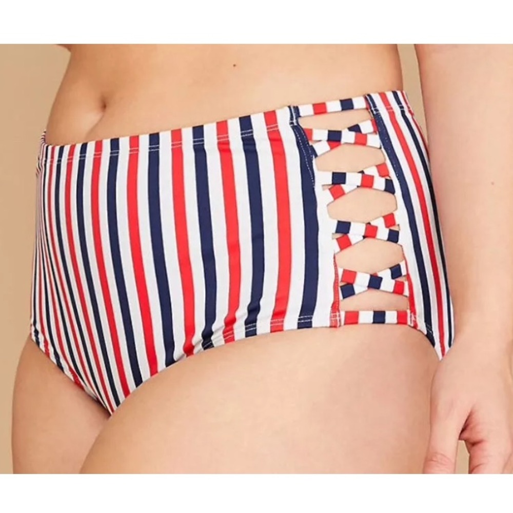 Cacique Striped High Rise Bikini Bottom Preppy Patriotic Red/Blue Sz 20 NWT